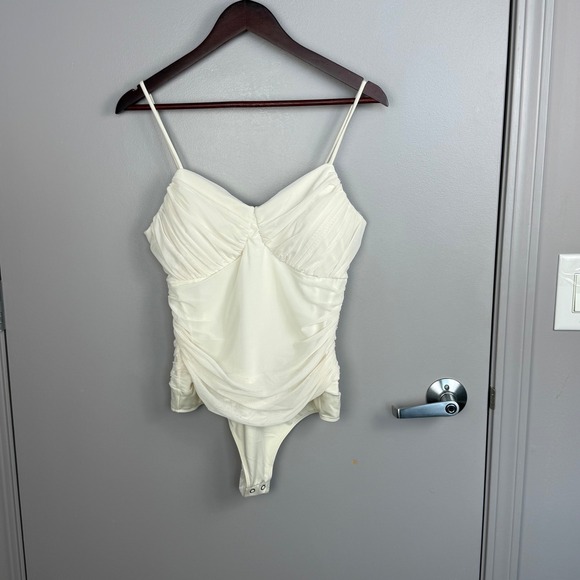 Express Tops - Express Body Contour Bodysuit Women's Large White Ruched Mesh Strappy
